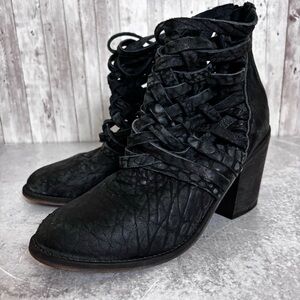 Free People 'Carerra' Black Textured Leather Crisscross Ankle Booties Size 9
